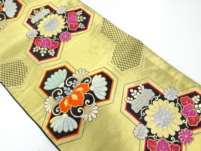JAPANESE KIMONO / ANTIQUE FUKURO OBI / SILK / WOVEN KIKU & PAULOWNIA